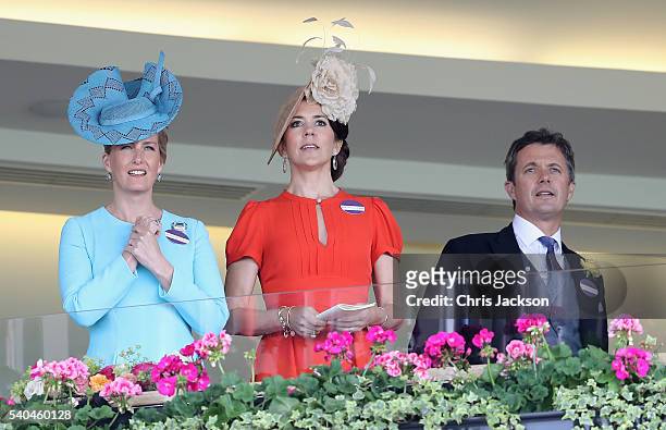 Sophie, Countess of Wessex, Crown Princess Mary of Denmark and Crown Prince Frederik of Denmark attend the second day of Royal Ascot at Ascot...