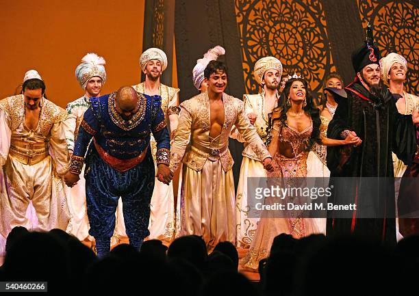 Cast members Trevor Dion Nicholas, Dean John-Wilson, Jade Ewen and Don Gallagher bow at the curtain call during the press night performance of...