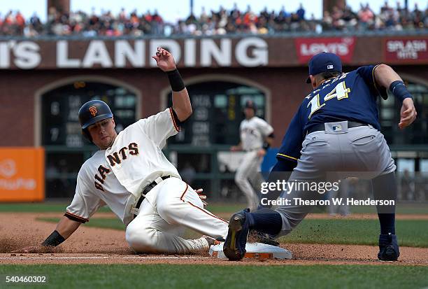 Joe Panik of the San Francisco Giants steals third base as the throw gets by Hernan Perez of the Milwaukee Brewers in the bottom of the fourth inning...