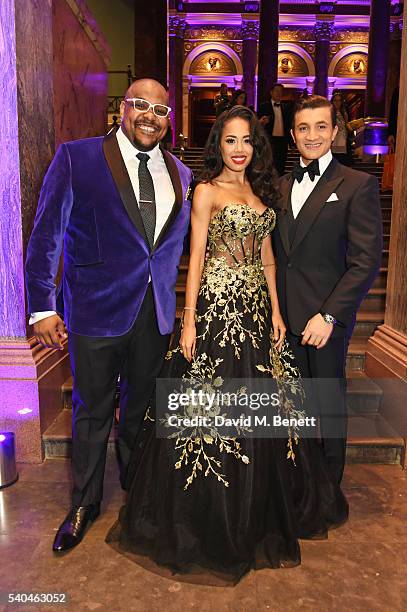 Cast members Trevor Dion Nicholas, Jade Ewen and Dean John-Wilson attend the press night after party for Disney's "Aladdin" at The National Gallery...