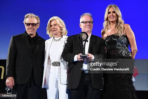 Harvey Keitel, Marina Cicogna, Thierry Fremaux and Tiziana Rocca attend 62 Taormina Film Fest - Day 5 on June 15, 2016 in Taormina, Italy.