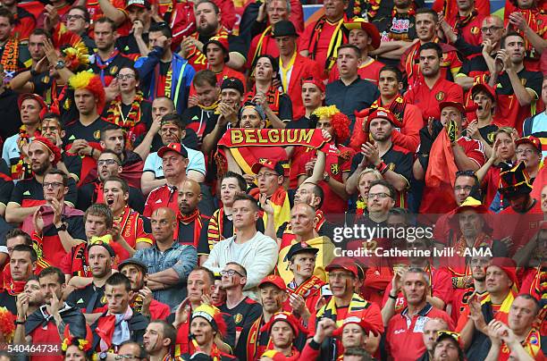 Fans of Belgium during the UEFA EURO 2016 Group E match between Belgium and Italy at Stade des Lumieres on June 13, 2016 in Lyon, France.