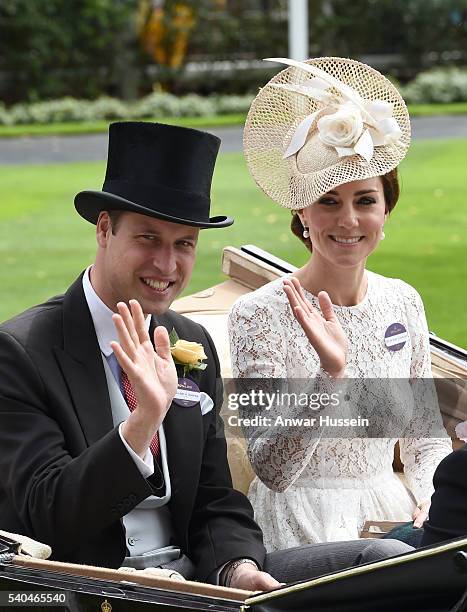 Prince William, Duke of Cambridge and Catherine, Duchess of Cambridge arrive in an open carriage to attend Day 2 of Royal Ascot on June 15, 2016 in...