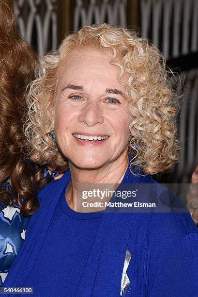Musician Carole King poses for a photo after the curtain call of the 1000th performance of "Beautiful - The Carole King Musical" at Stephen Sondheim...