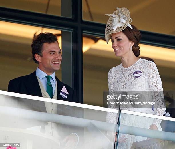 Thomas van Straubenzee and Catherine, Duchess of Cambridge watch the racing as they attend day 2 of Royal Ascot at Ascot Racecourse on June 15, 2016...