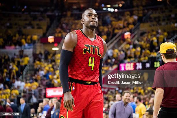 Paul Millsap of the Atlanta Hawks reacts after a play during the first half of the NBA Eastern Conference semifinals against the Cleveland Cavaliers...