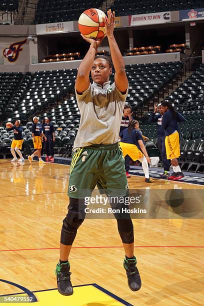 Monica Wright of the Seattle Storm warms up before the game against the Indiana Fever on June 12, 2016 at Bankers Life Fieldhouse in Indianapolis,...