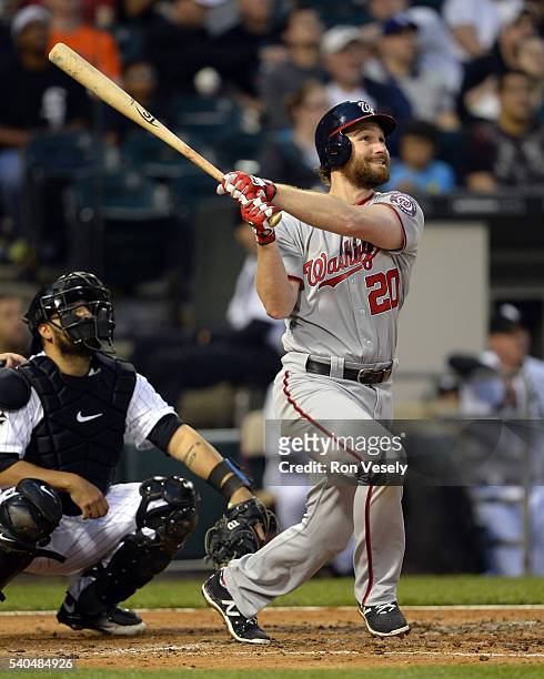 David Murphy of the Washington Nationals hits a solo home run in the fifth inning against the Chicago White Sox on June 09, 2016 at U.S. Cellular...