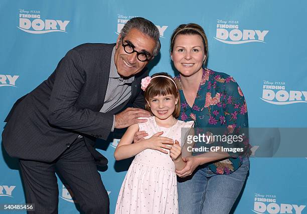 Actor Eugene Levy, Lola Firla and actress Jennifer Robertson attend the "Finding Dory" advanced screening at Cineplex Cinemas Yonge-Dundas on June...