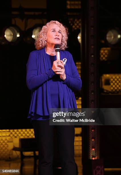 Musician Carole King receives a mayoral proclamation during the curtain call of the 1000th performance of 'Beautiful - The Carole King Musical' at...