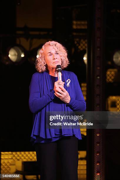 Musician Carole King receives a mayoral proclamation during the curtain call of the 1000th performance of 'Beautiful - The Carole King Musical' at...