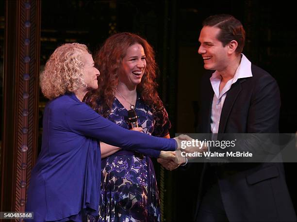 Musician Carole King with Chilina Kennedy and Paul Anthony Stuart receive a mayoral proclamation during the curtain call of the 1000th performance of...