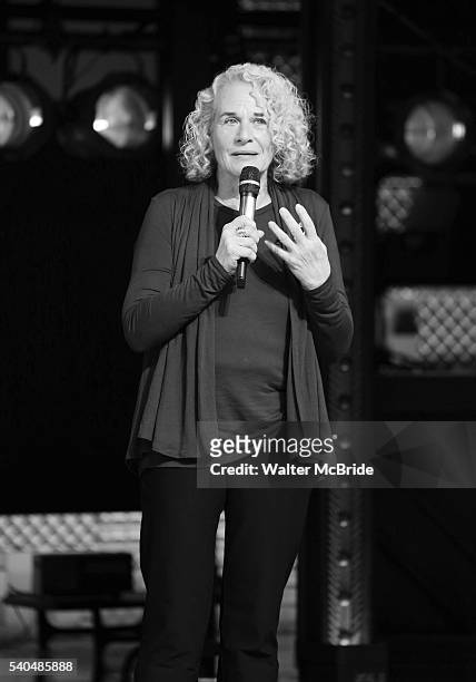 Musician Carole King receives a mayoral proclamation during the curtain call of the 1000th performance of 'Beautiful - The Carole King Musical' at...