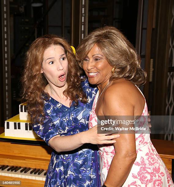 Chilina Kennedy and Darlene Love backstage celebrate the 1000th performance of 'Beautiful - The Carole King Musical' at Stephen Sondheim Theatre on...