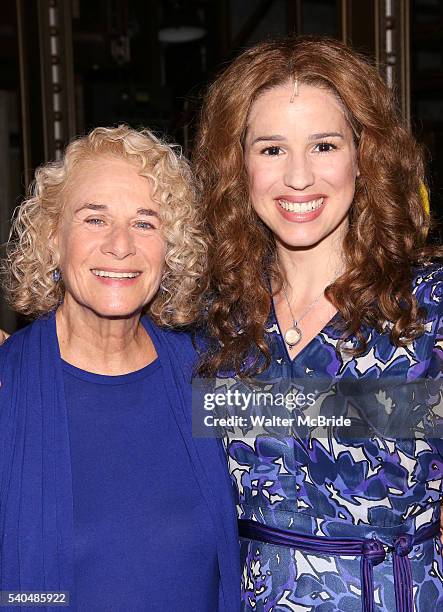 Carole King and Chilina Kennedy backstage celebrate the 1000th performance of 'Beautiful - The Carole King Musical' at Stephen Sondheim Theatre on...