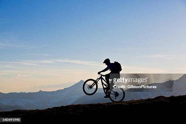 mountain bike wheelie fun - wheelie stock pictures, royalty-free photos & images