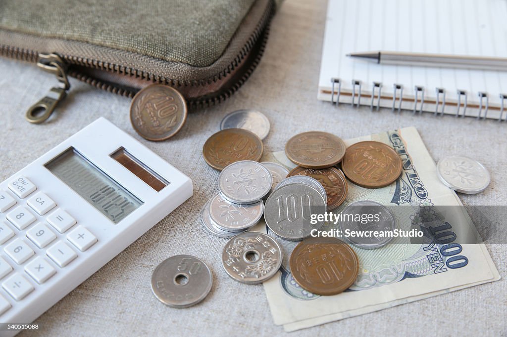 Japanese money Yen wtih calculator, notebook and pouch