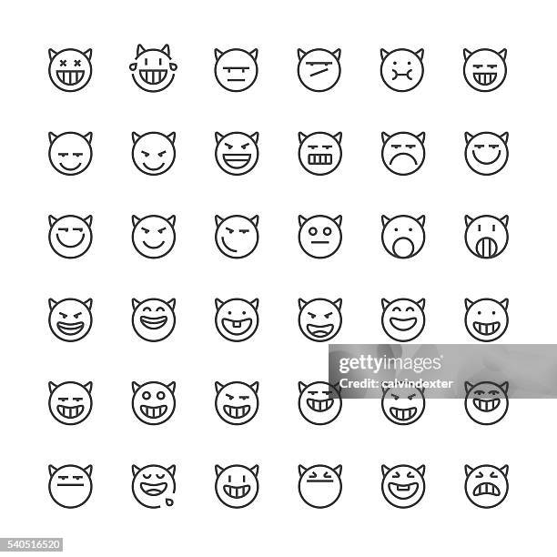 set 30 emoticons/dünne linie series - devil stock-grafiken, -clipart, -cartoons und -symbole