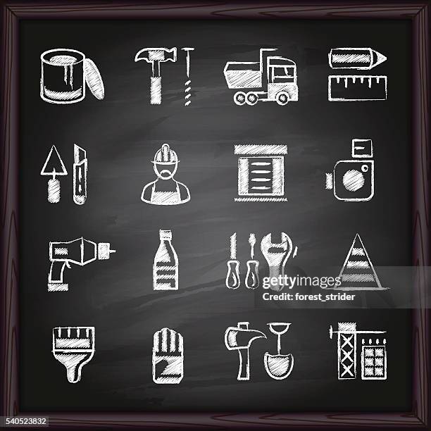 stockillustraties, clipart, cartoons en iconen met construction tools icons on chalkboard - paint tube