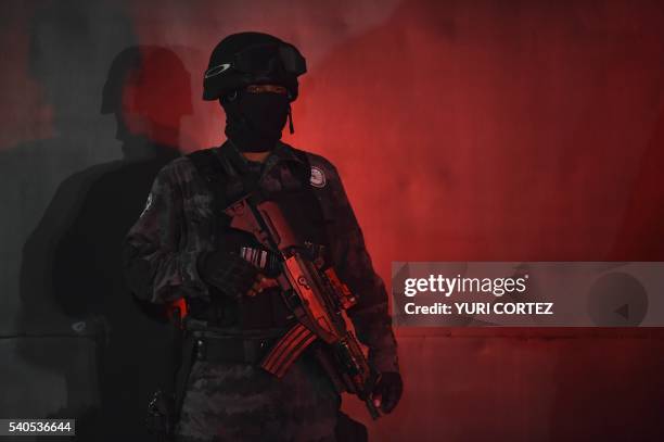 Police stand guard before the arrival of Hector "El Guero" Palma Salazar, member of the Sinaloa cartel at the international airport in Mexico City on...