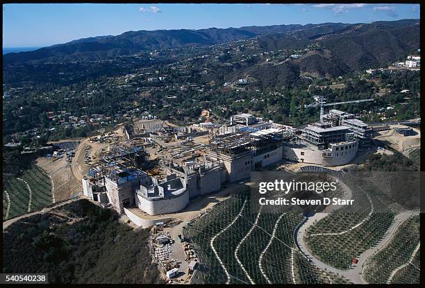 An aerial view shows the construction site of the Getty Center.