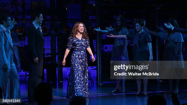 Chilina Kennedy with cast during the curtain call of the 1000th performance of 'Beautiful - The Carole King Musical' at Stephen Sondheim Theatre on...