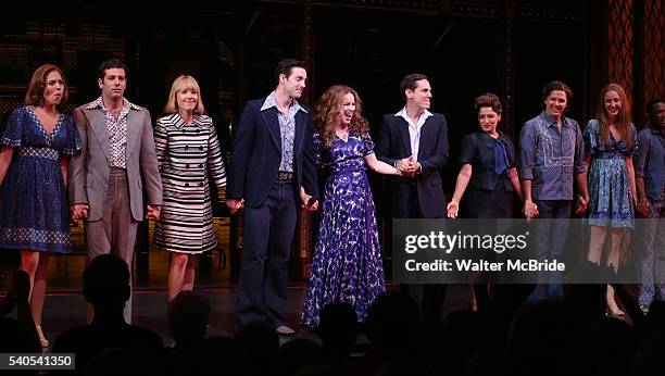 Ben Jacoby, Jessica Keenan Wynn, Scott J. Campbell, Chilina Kennedy, Paul Anthony Stewart and Liz Larsen with the cast during the curtain call of the...