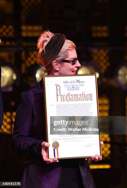 Mayoral proclamation during the curtain call of the 1000th performance of 'Beautiful - The Carole King Musical' at Stephen Sondheim Theatre on June...