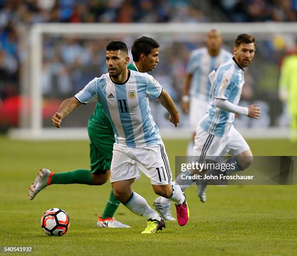 Sergio Aguero of Argentina drives the ball during a group D match between Argentina and Bolivia at Century Link Field as part of Copa America...