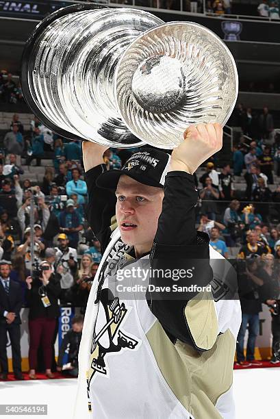 Olli Maatta of the Pittsburgh Penguins celebrates with the Stanley Cup after the Penguins won Game 6 of the 2016 NHL Stanley Cup Final over the San...