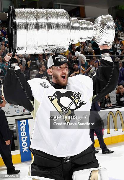 Goaltender Matt Murray of the Pittsburgh Penguins celebrates with the Stanley Cup after the Penguins won Game 6 of the 2016 NHL Stanley Cup Final...