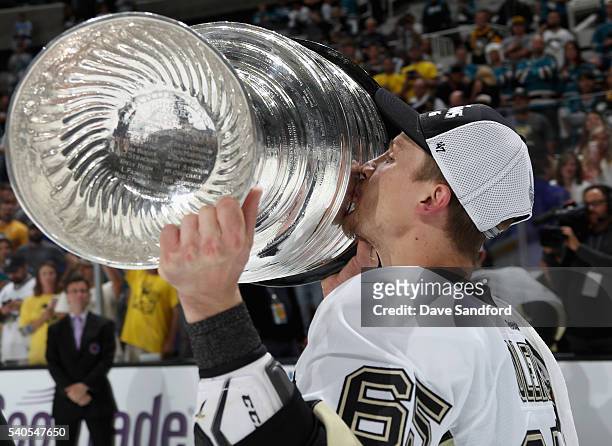 Steven Oleksy of the Pittsburgh Penguins celebrates with the Stanley Cup after the Penguins won Game 6 of the 2016 NHL Stanley Cup Final over the San...