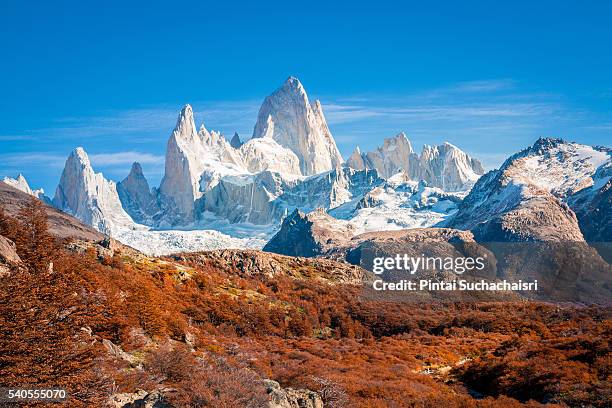 fitz roy peak surrounded by autumn colors - patagonie-argentine photos et images de collection