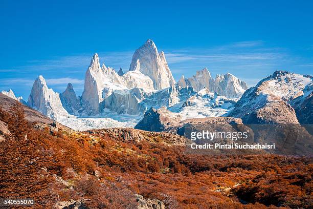 fitz roy peak surrounded by autumn colors - patagonian andes stock pictures, royalty-free photos & images
