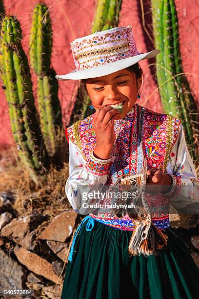 peruvian young girl chewing coca leaves, chivay, peru - chewed stock pictures, royalty-free photos & images