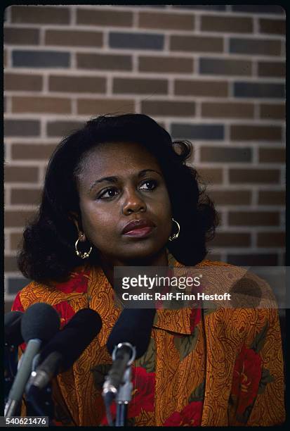 Anita Hill appears at a press conference regarding the upcoming Hill-Clarence hearings. In 1991, Hill claimed that Judge Clarence Thomas, nominee for...