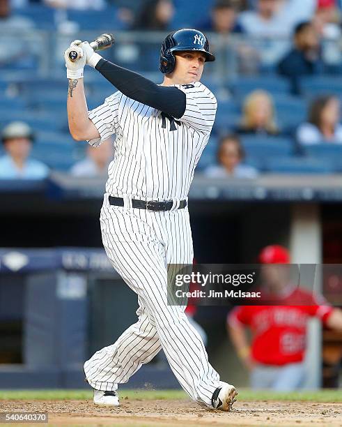 Chris Parmelee of the New York Yankees in action against the Los Angeles Angels of Anaheim at Yankee Stadium on June 9, 2016 in the Bronx borough of...