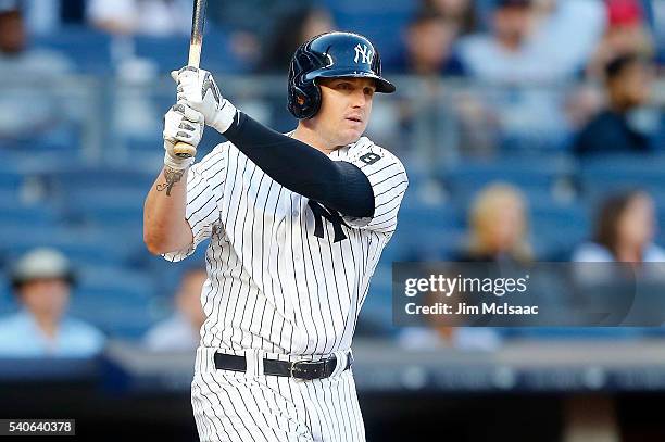 Chris Parmelee of the New York Yankees in action against the Los Angeles Angels of Anaheim at Yankee Stadium on June 9, 2016 in the Bronx borough of...