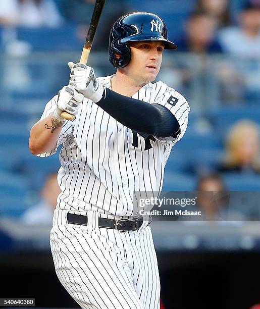 Chris Parmelee of the New York Yankees in action against the Los Angeles Angels of Anaheim at Yankee Stadium on June 9, 2016 in the Bronx borough of...