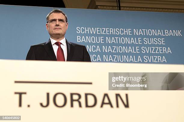 Thomas Jordan, president of the Swiss National Bank , looks on during the bank's rate announcement news conference in Bern, Switzerland, on Thursday,...