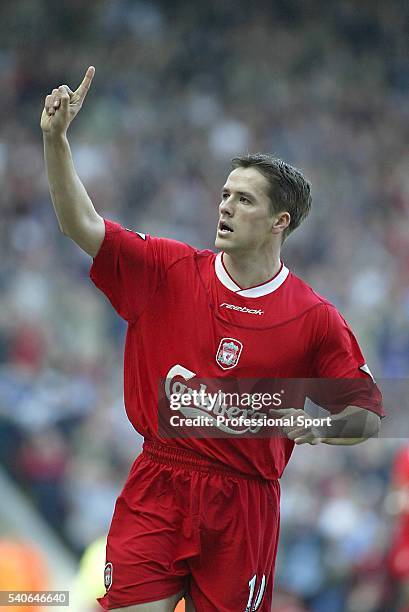 Michael Owen of Liverpool celebrates his opening goal during the FA Barclaycard Premiership match between Liverpool and Leeds United held on March...