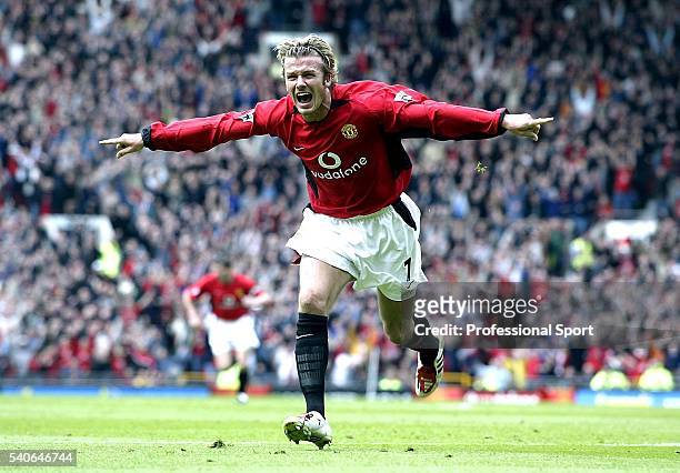 David Beckham of Manchester United celebrates his goal during the FA Barclaycard Premiership match between Manchester United and Charlton Athletic...