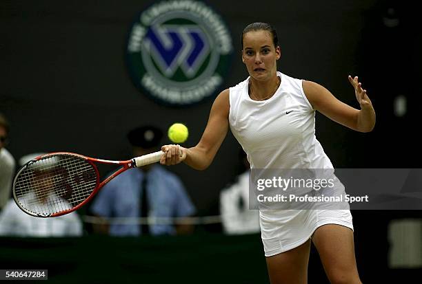 Jarmila Gajdosova of Australia in action against Kirsten Flipkens of Belgium during the girl's singles competition at the Wimbledon Tennis...