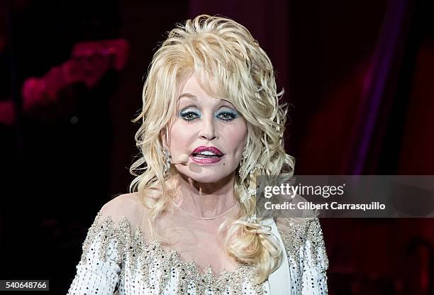 Singer-songwriter, actress, author, businesswoman Dolly Parton performs during Dolly Parton Pure & Simple Tour at Mann Center For Performing Arts on...