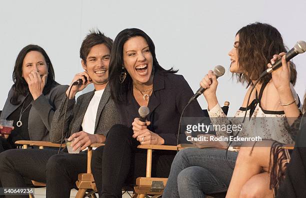 Executive Producer I. Marlene King, actors Tyler Blackburn, Andrea Parker, and Lucy Hale speak during panel at the Premiere of ABC Family's "Pretty...