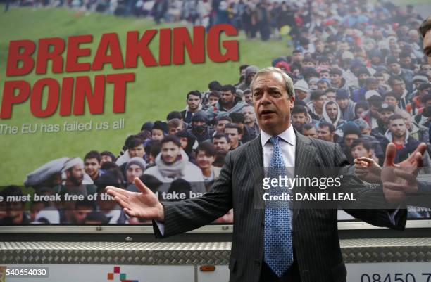 Independence Party Leader Nigel Farage addresses the media during the launch of a national poster campaign urging voters to vote to leave the EU...
