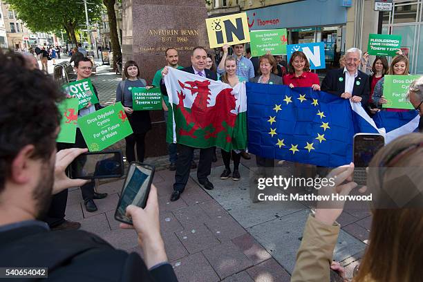 Plaid Cymru Leader Leanne Wood and former First Minister of Scotland Alex Salmond MP attend a rally at the Aneurin Bevan Statue on Queen Street as...