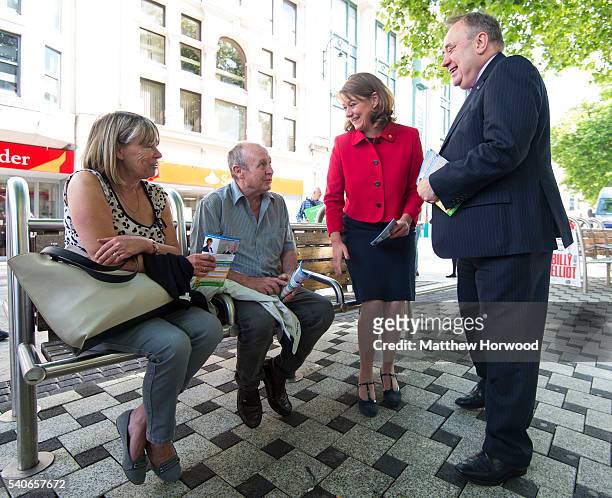 Plaid Cymru Leader Leanne Wood and former First Minister of Scotland Alex Salmond MP attend a rally at the Aneurin Bevan Statue on Queen Street as...
