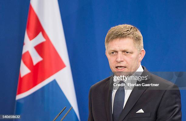 Robert Fico, Prime Minister of Slowakia, speaks to the media on June 16, 2016 in Berlin, Germany. Fico visits Berlin for political conversations.