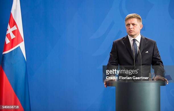 Robert Fico, Prime Minister of Slowakia, speaks to the media on June 16, 2016 in Berlin, Germany. Fico visits Berlin for political conversations.